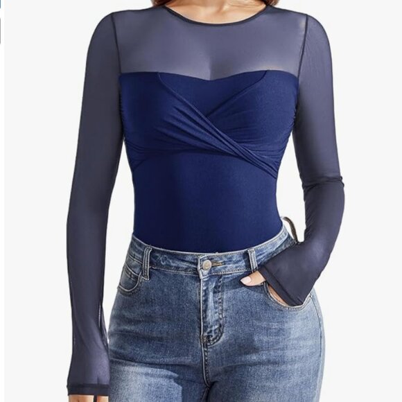 Long Sleeve Crew Neck Shapewear Bodysuit with Sheer Mesh and Twist Knot Front - Picture 2 of 7